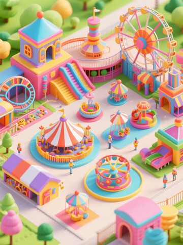 游乐园中的摩天轮与旋转木马