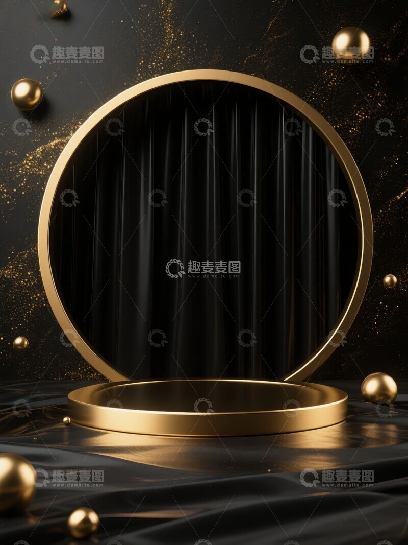 高清大图下载【趣麦麦图】金色圆环与黑色墙体的现代艺术背景