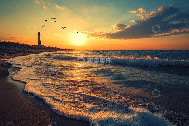 高清大图下载【趣麦麦图】海边的波浪灯塔自然美景