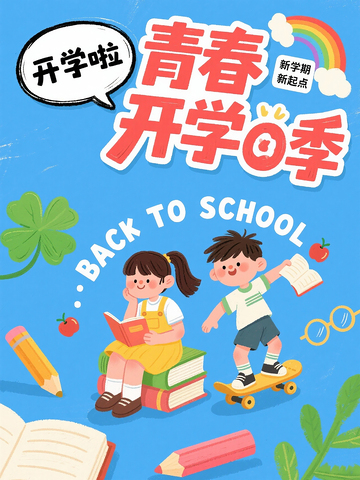 开学啦新学期学生插画海报素材