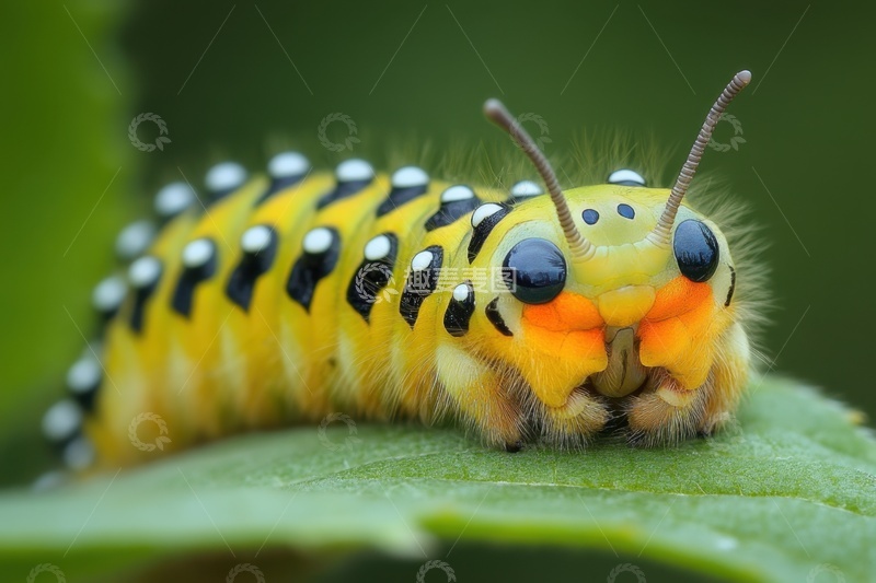 高清大图下载【趣麦麦图】趴在树叶上的毛毛虫