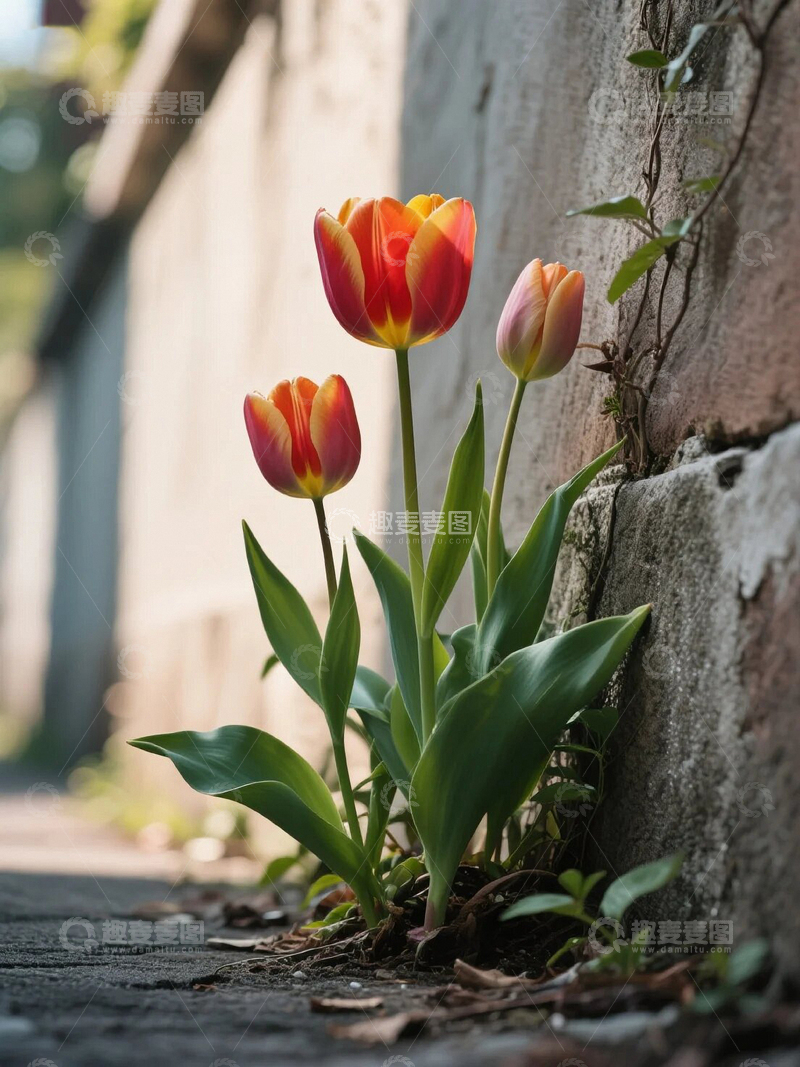 高清大图下载【趣麦麦图】墙角静静开放的郁金香08