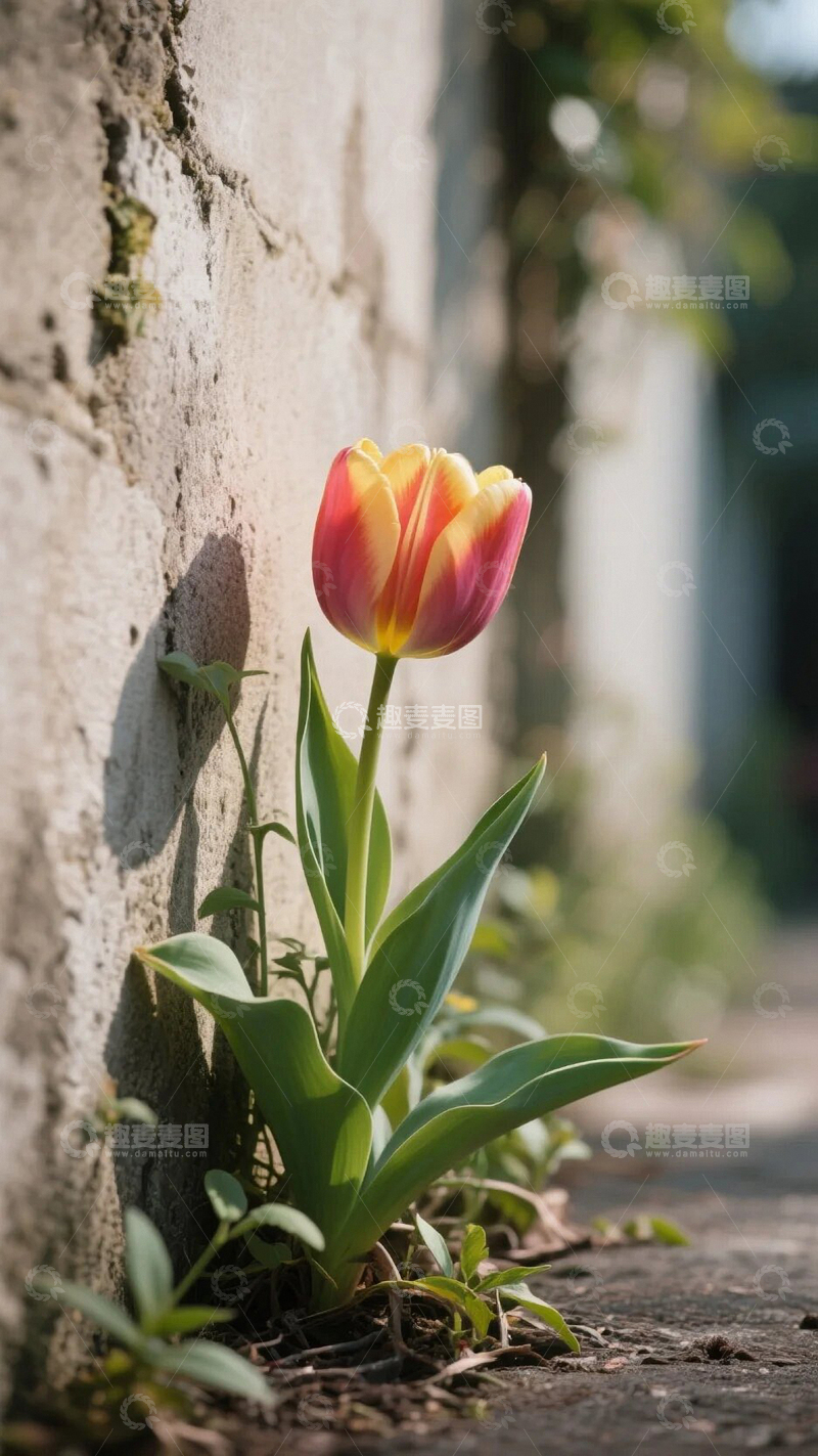 高清大图下载【趣麦麦图】墙角静静开放的郁金香01
