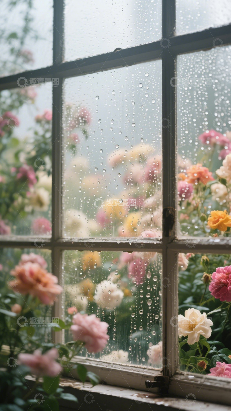 高清大图下载【趣麦麦图】雨窗繁花清新浪漫春日1