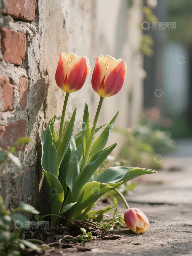 高清大图下载【趣麦麦图】墙角静静开放的郁金香05