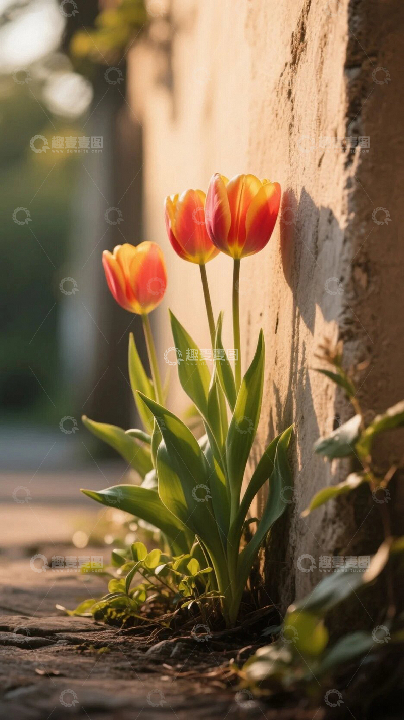 高清大图下载【趣麦麦图】墙角静静开放的郁金香02