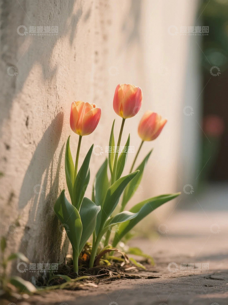高清大图下载【趣麦麦图】墙角静静开放的郁金香06