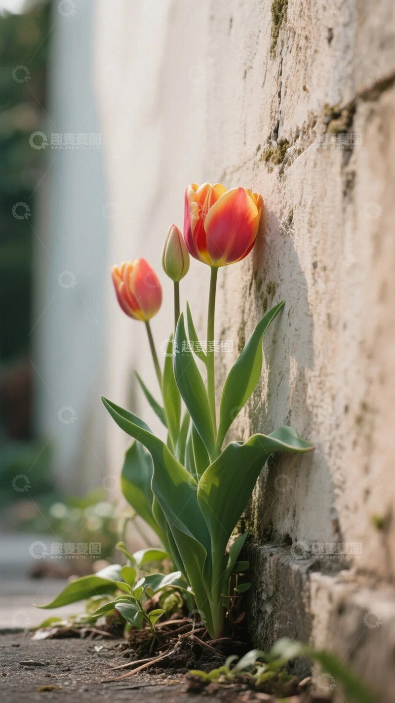 高清大图下载【趣麦麦图】墙角静静开放的郁金香03