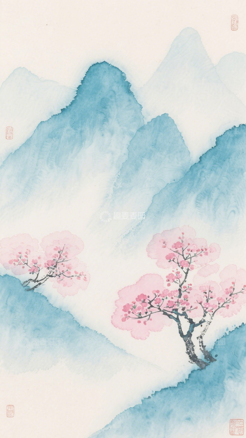 高清大图下载【趣麦麦图】山水粉樱国风诗意意境
