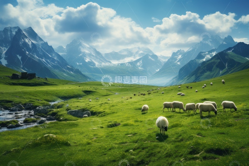 高清大图下载【趣麦麦图】雪山脚下的草原风光