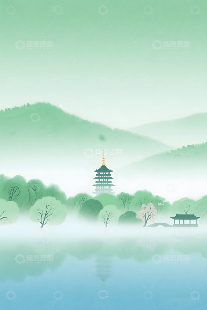 高清大图下载【趣麦麦图】中式西湖意境插画2