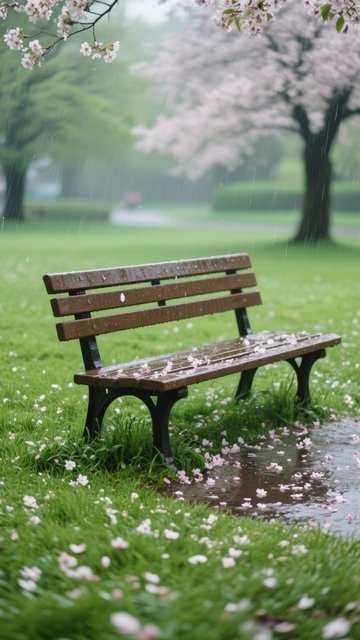 雨落长椅宁静诗意美好