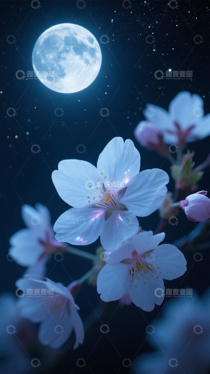 高清大图下载【趣麦麦图】月夜樱花静谧浪漫夜景1