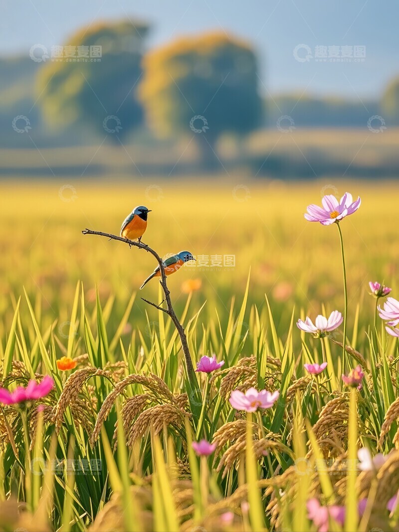 高清大图下载【趣麦麦图】稻田花海中的小鸟