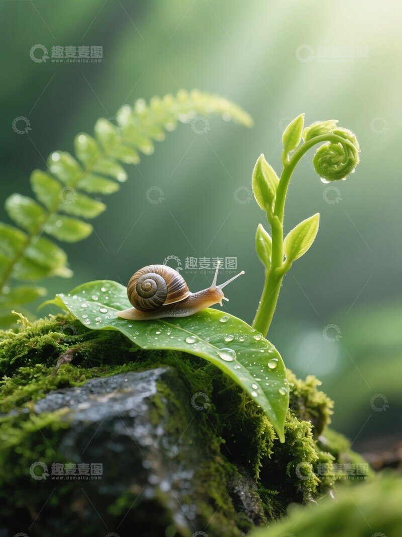 高清大图下载【趣麦麦图】雨后蜗牛在植物嫩芽上