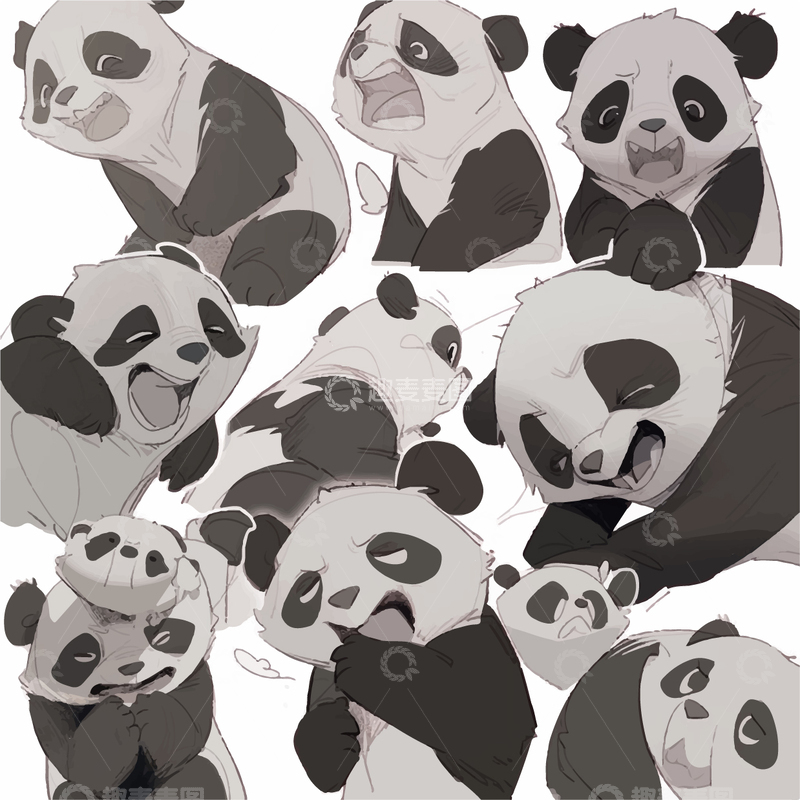 源文件下载【趣麦麦图】手绘卡通插画动物各式熊猫