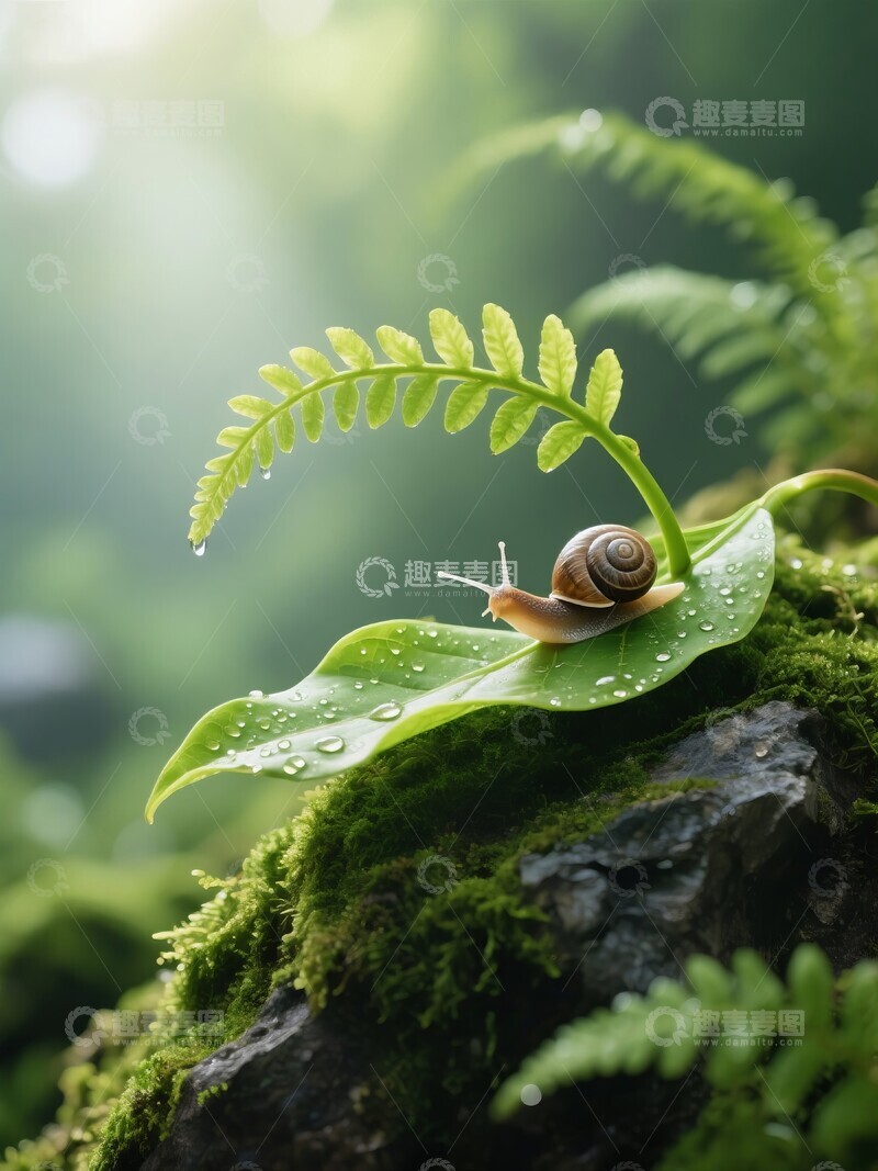 高清大图下载【趣麦麦图】雨中绿叶上的蜗牛