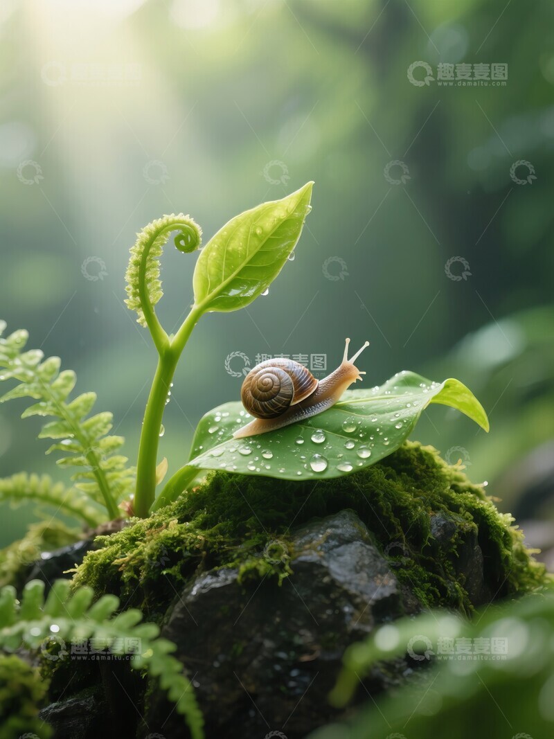 高清大图下载【趣麦麦图】雨后蜗牛与嫩芽的自然景象