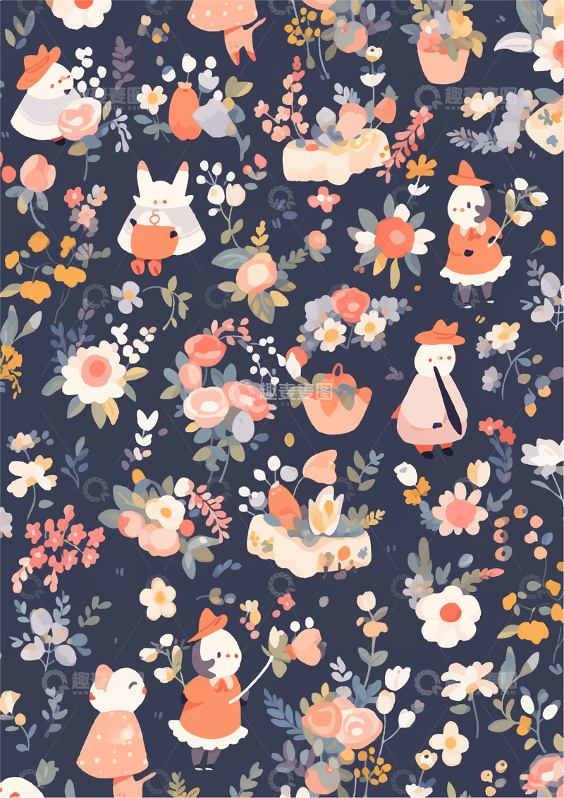 源文件下载【趣麦麦图】深蓝色印花手绘卡通插画动物花草