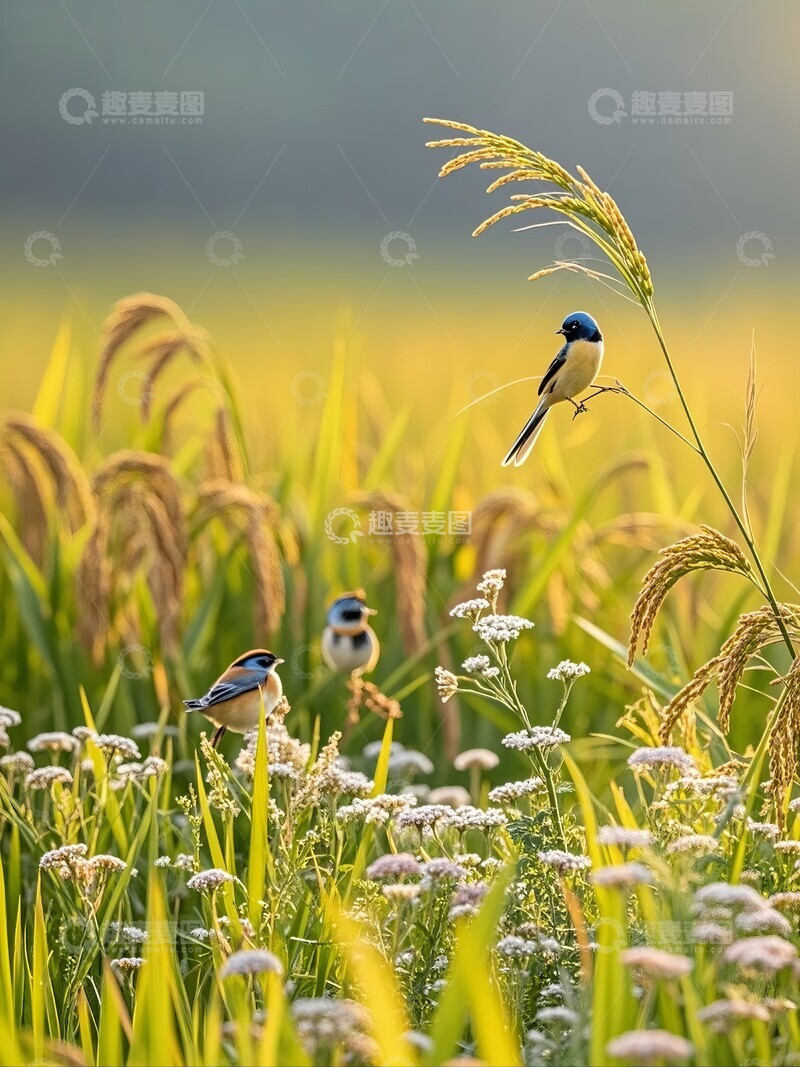 高清大图下载【趣麦麦图】稻田中的小鸟与野花