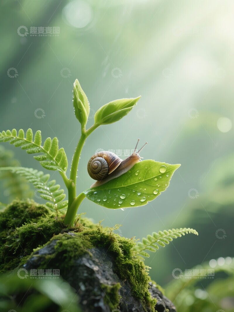 高清大图下载【趣麦麦图】雨后蜗牛在嫩芽上的自然景象