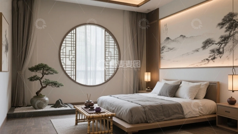高清大图下载【趣麦麦图】禅意东方卧室效果图01