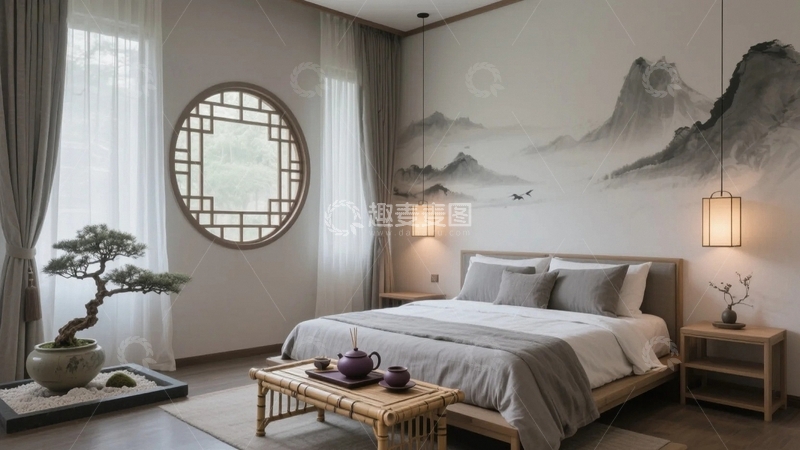 高清大图下载【趣麦麦图】禅意东方卧室效果图02