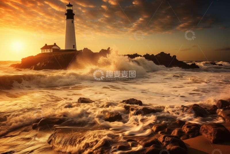 高清大图下载【趣麦麦图】海边的灯塔海浪