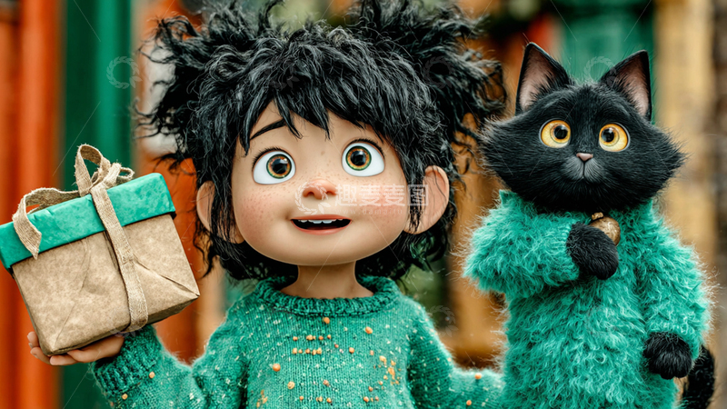 高清大图下载【趣麦麦图】小男孩与他的猫