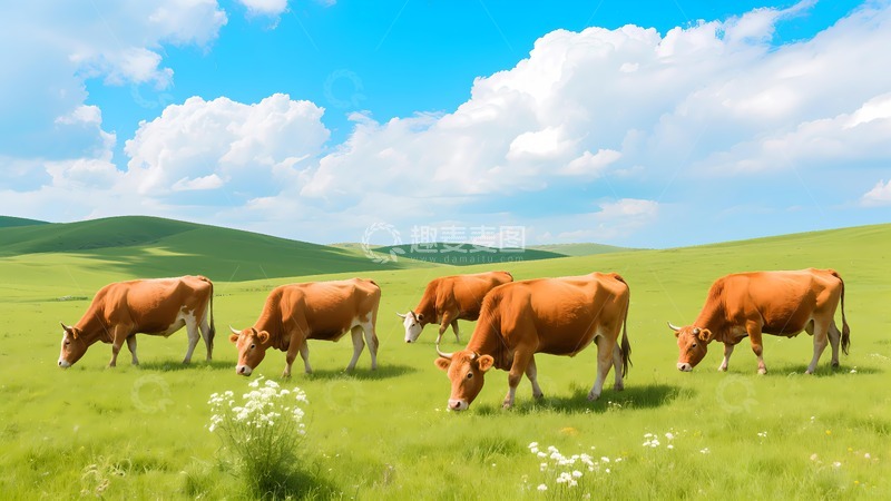 高清大图下载【趣麦麦图】蓝天草原牛群吃草