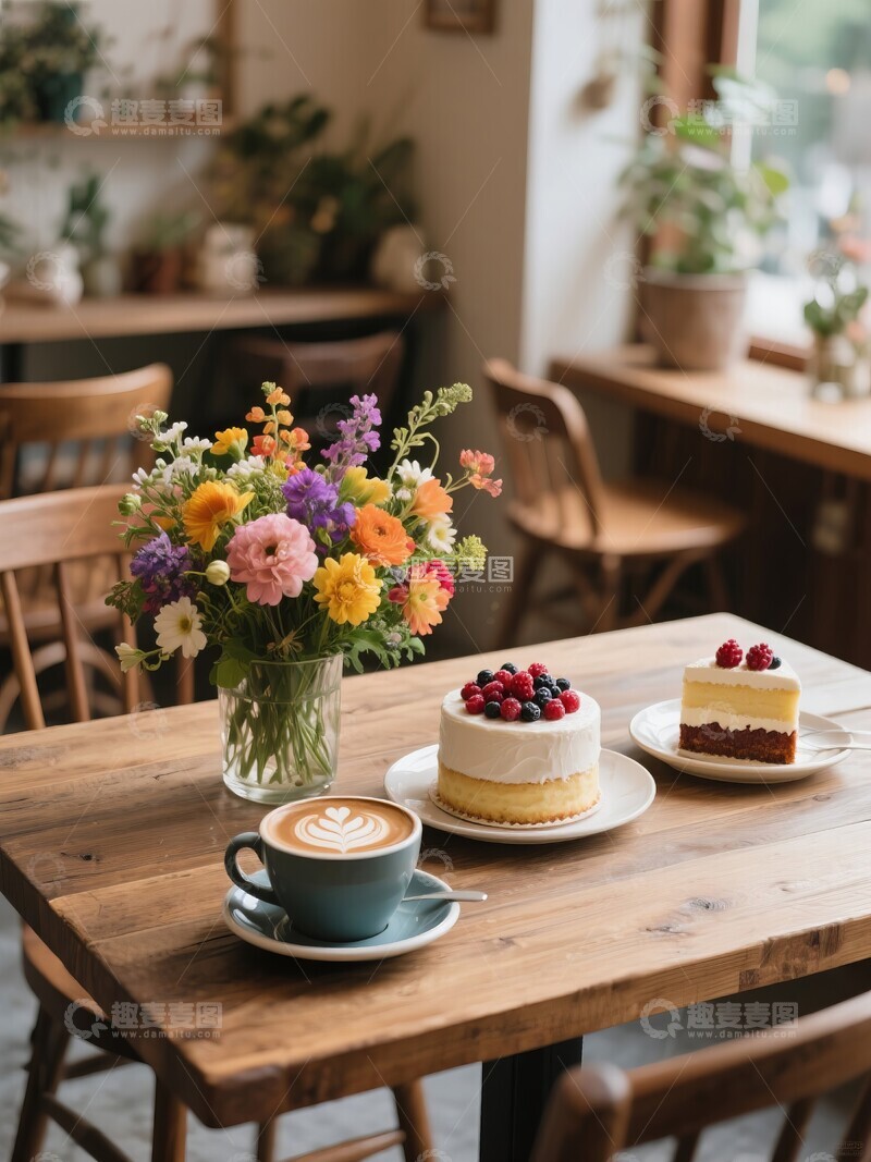 高清大图下载【趣麦麦图】温馨餐桌上的咖啡与蛋糕