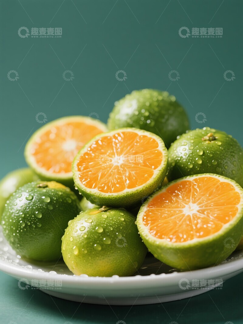 高清大图下载【趣麦麦图】新鲜绿皮橘子切开在盘中
