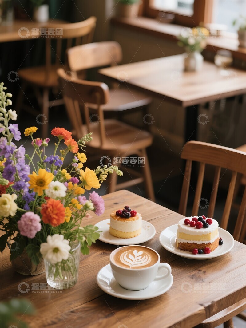 高清大图下载【趣麦麦图】咖啡与蛋糕花束点缀的温馨餐桌