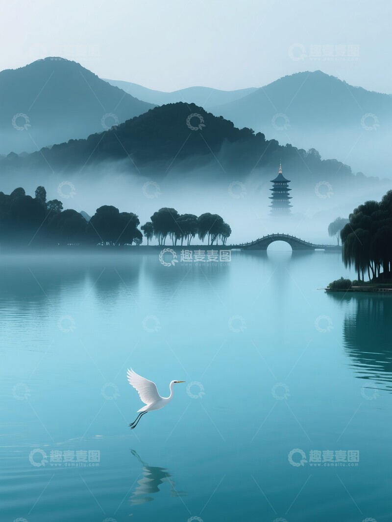 高清大图下载【趣麦麦图】西湖畔晨雾白鹭飞过水墨画风格