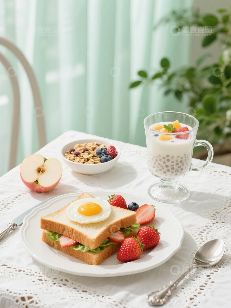 高清大图下载【趣麦麦图】丰富早餐三明治水果和酸奶