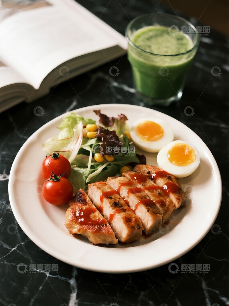 高清大图下载【趣麦麦图】烤鸡肉配沙拉和绿色饮品