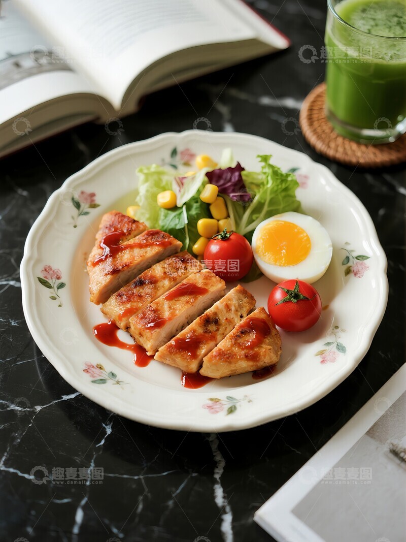 高清大图下载【趣麦麦图】烤鸡肉沙拉配半熟蛋和绿色饮品