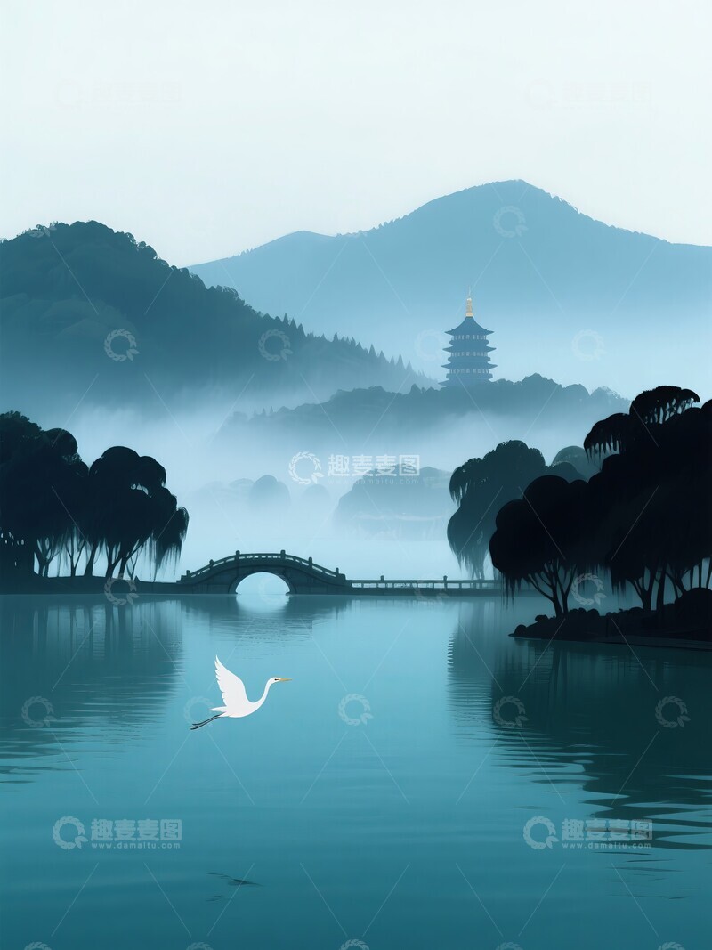 高清大图下载【趣麦麦图】西湖畔晨雾白鹭飞过