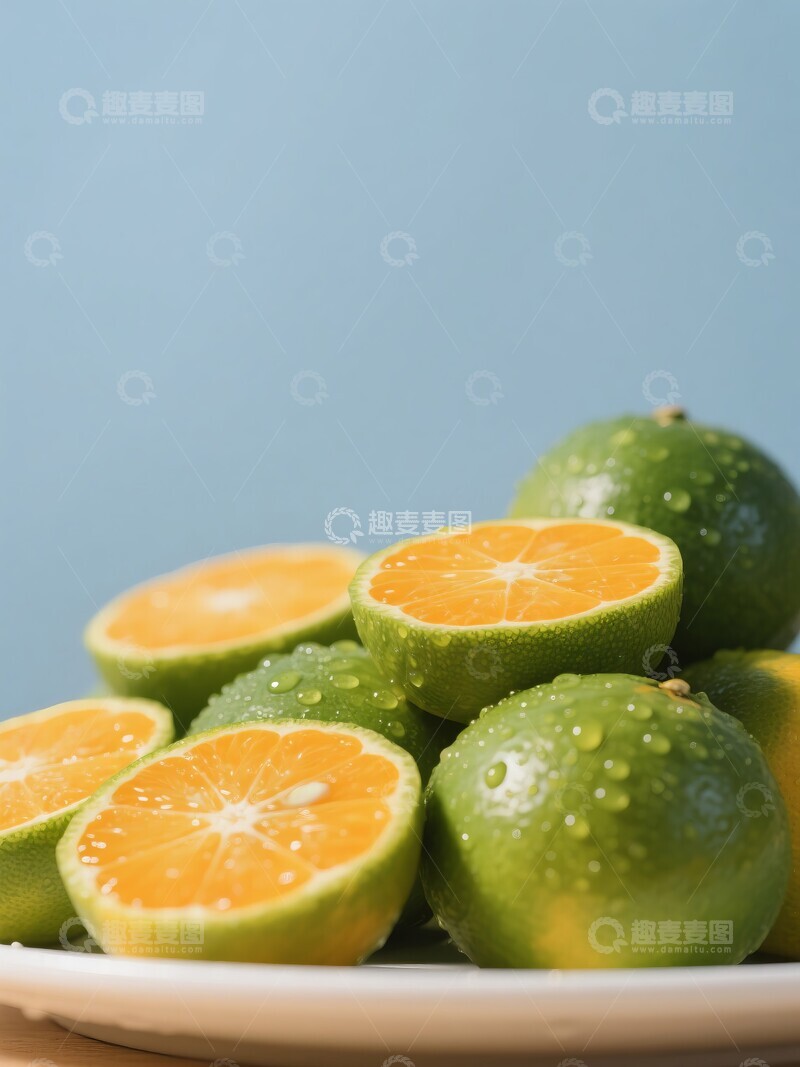高清大图下载【趣麦麦图】清洗后绿皮橘子切开在盘中