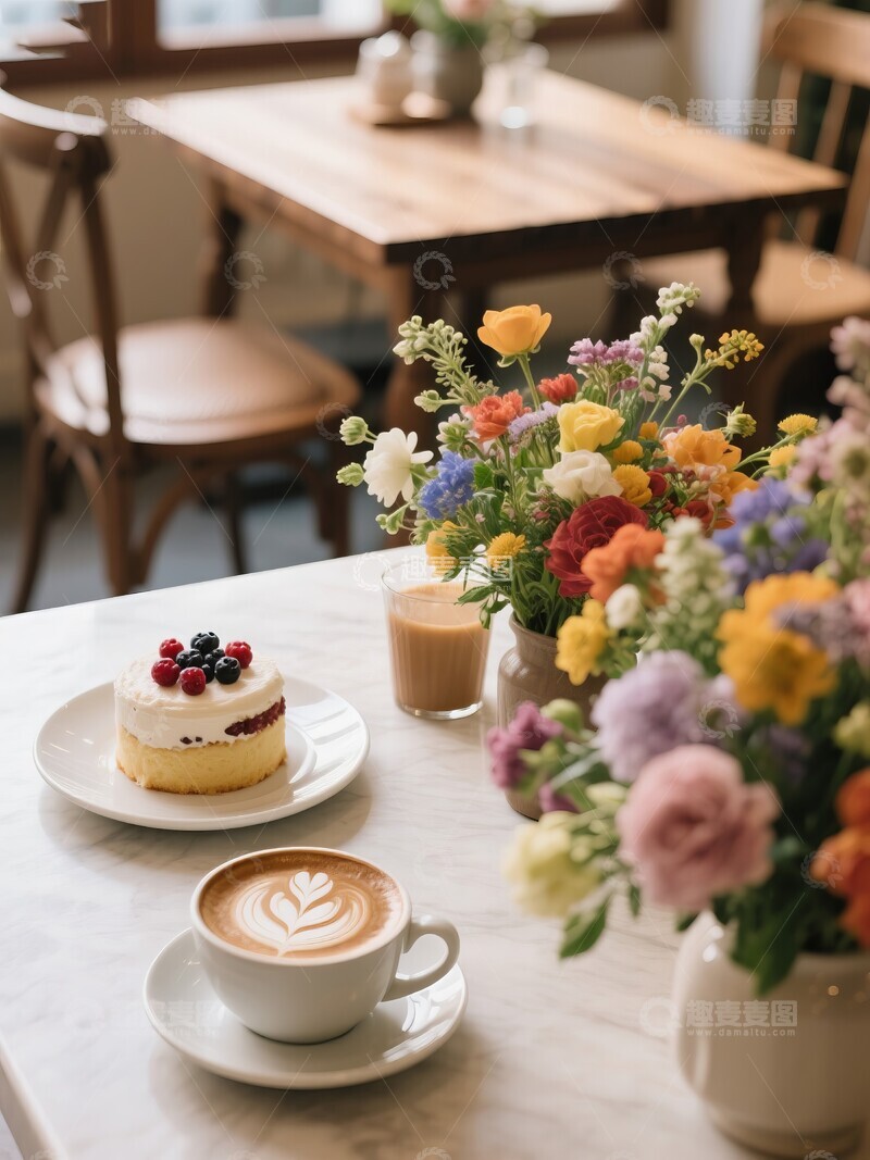 高清大图下载【趣麦麦图】餐桌上花束点缀的咖啡与蛋糕