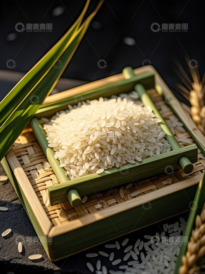 高清大图下载【趣麦麦图】竹盒中的白米饭与稻穗装饰