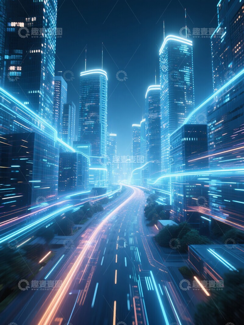 高清大图下载【趣麦麦图】未来城市夜景与光轨交汇