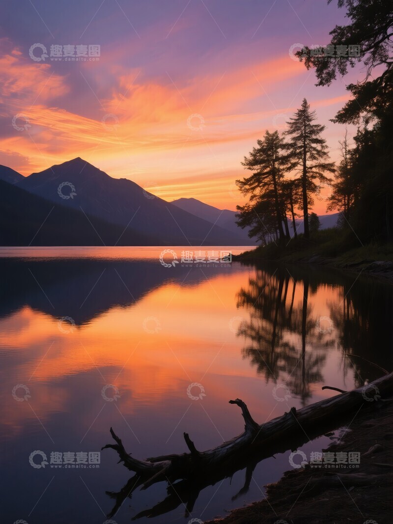 高清大图下载【趣麦麦图】湖畔日落山影倒映