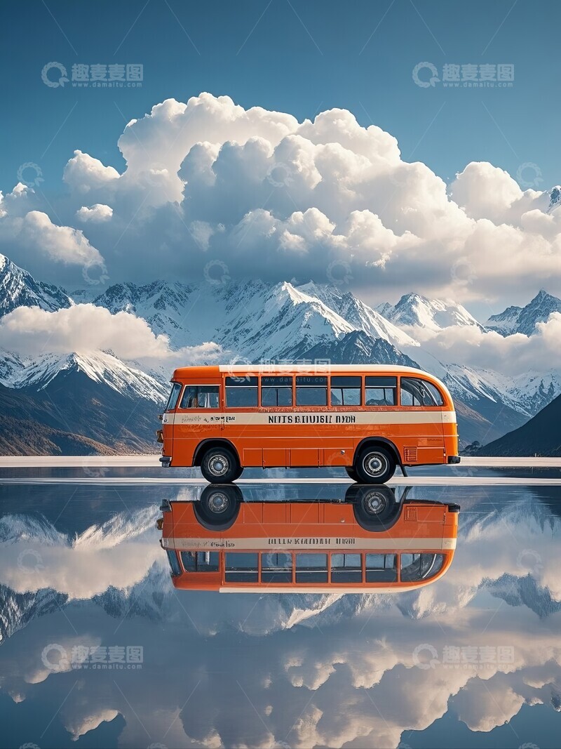 高清大图下载【趣麦麦图】橙色巴士在平静水面的倒影