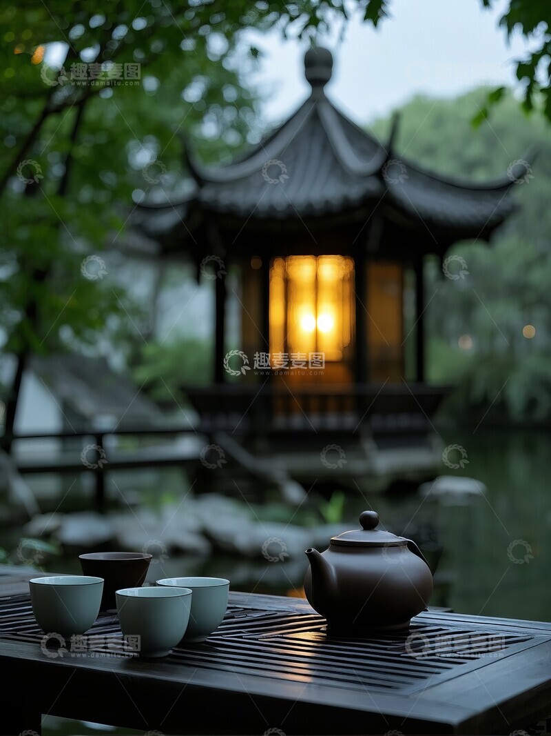 高清大图下载【趣麦麦图】庭院茶具静置古建筑背景