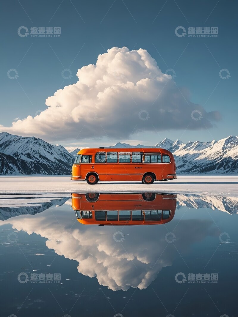 高清大图下载【趣麦麦图】橙色巴士在雪山前水面上倒影