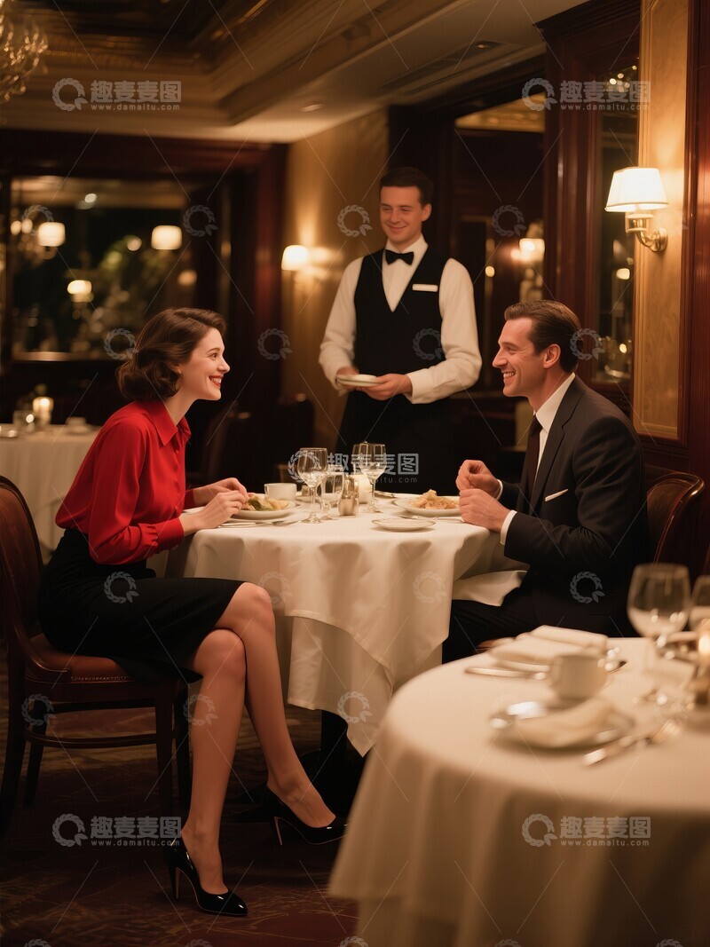 高清大图下载【趣麦麦图】餐厅内情侣用餐服务员在一旁服务