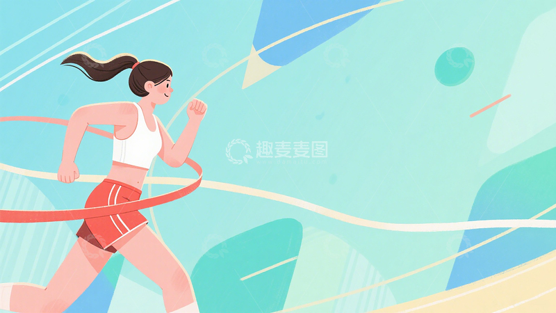 高清大图下载【趣麦麦图】手绘插画风运动跑步女生赛跑冲刺背景