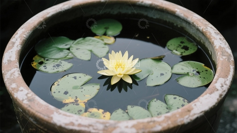 高清大图下载【趣麦麦图】水缸之中的黄色睡莲04