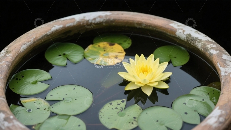 高清大图下载【趣麦麦图】水缸之中的黄色睡莲01